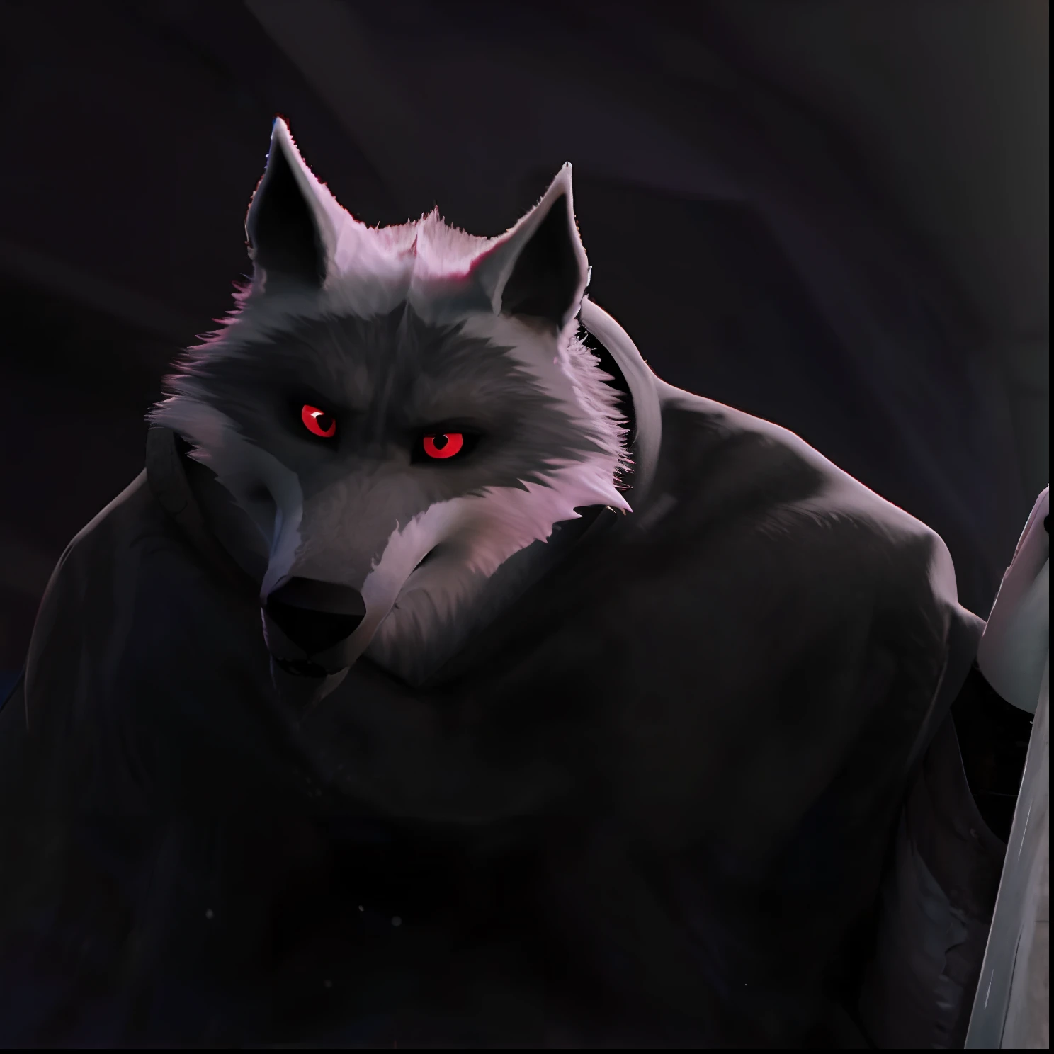 There is a wolf with red eyes standing in a dark room - SeaArt AI