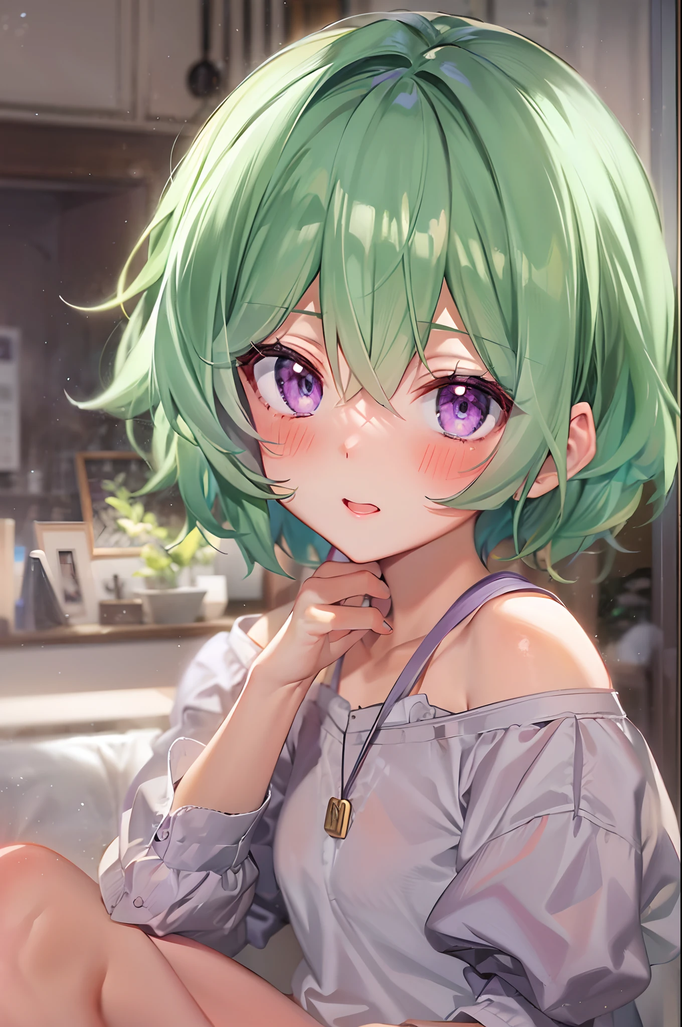 Anime girl with green short disheveled hair, purple eyes, wearing short shirt, sunny day, Living room, cute face, ultrasharp 8k seductive girl, full body view, perfect eyes,