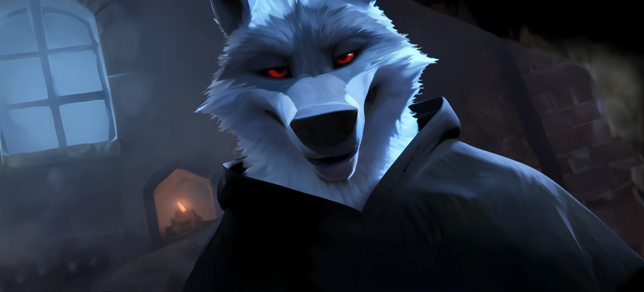Death Wolf de uma forma original e única, quase o mesmo que o filme Gato de Botas 2, O último desejo feito com a ajuda do Unreal Engine 9, olhando para o espectador muito sério e sem paciência, olhos vermelhos muito lindos;