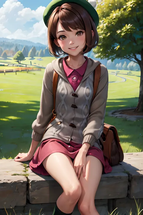 masterpiece, best quality, highres, gloria1, 1girl, gloria \(pokemon\), brown hair, solo, backpack, brown eyes, tam o' shanter, ...