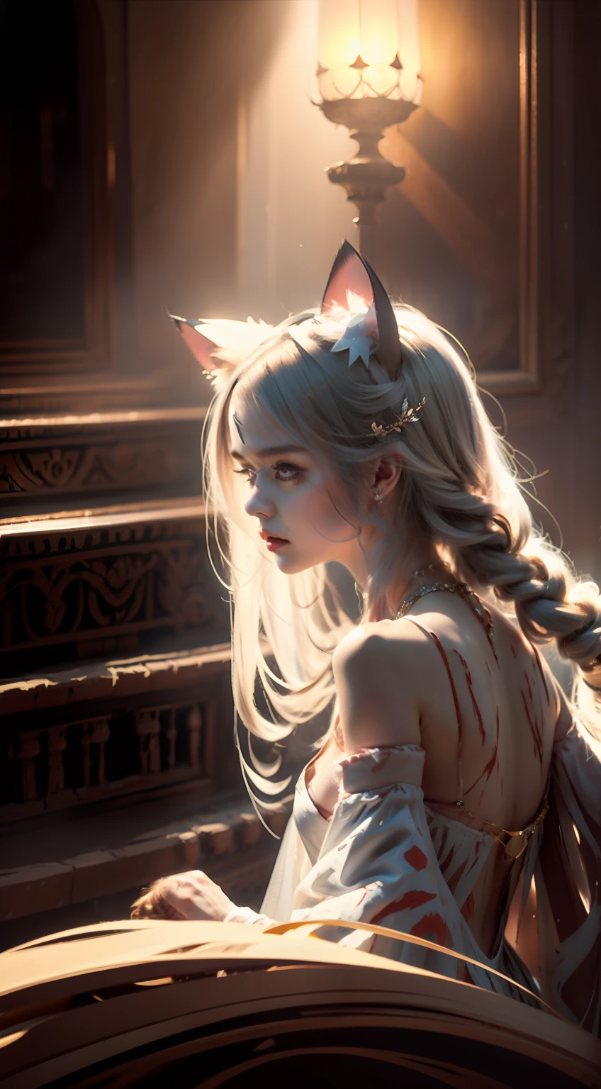 teens girl，Cat demon，(Cat ears),long whitr hair,Glowing eyes,luminous hair,facing away from the audience，There is a scar on the back,blood stain,closeup of face,(Light silk),(Glazed tulle),(Subtle warm light),(richcolors),Movie special effects,Lazy,Blood,Freehand masterpiece,ultra - detailed,Epic composition,high qulity,HighestQuali,4K。