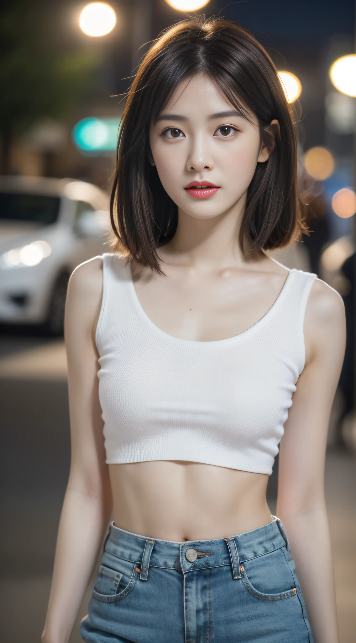 ((Realistic lighting, Best Quality, 8K, Masterpiece:1.3)), Clear focus: 1.2, 1girl, Perfect Body Beauty: 1.4, Slim Abs: 1.1, ((Dark brown hair)), (White crop top: 1.4), (Outdoor, Night: 1.1), Hot pants, shorts, tight,, Bust, Bust, City Street, Super Fine Face, Fine Eyes, Double Eyelids,