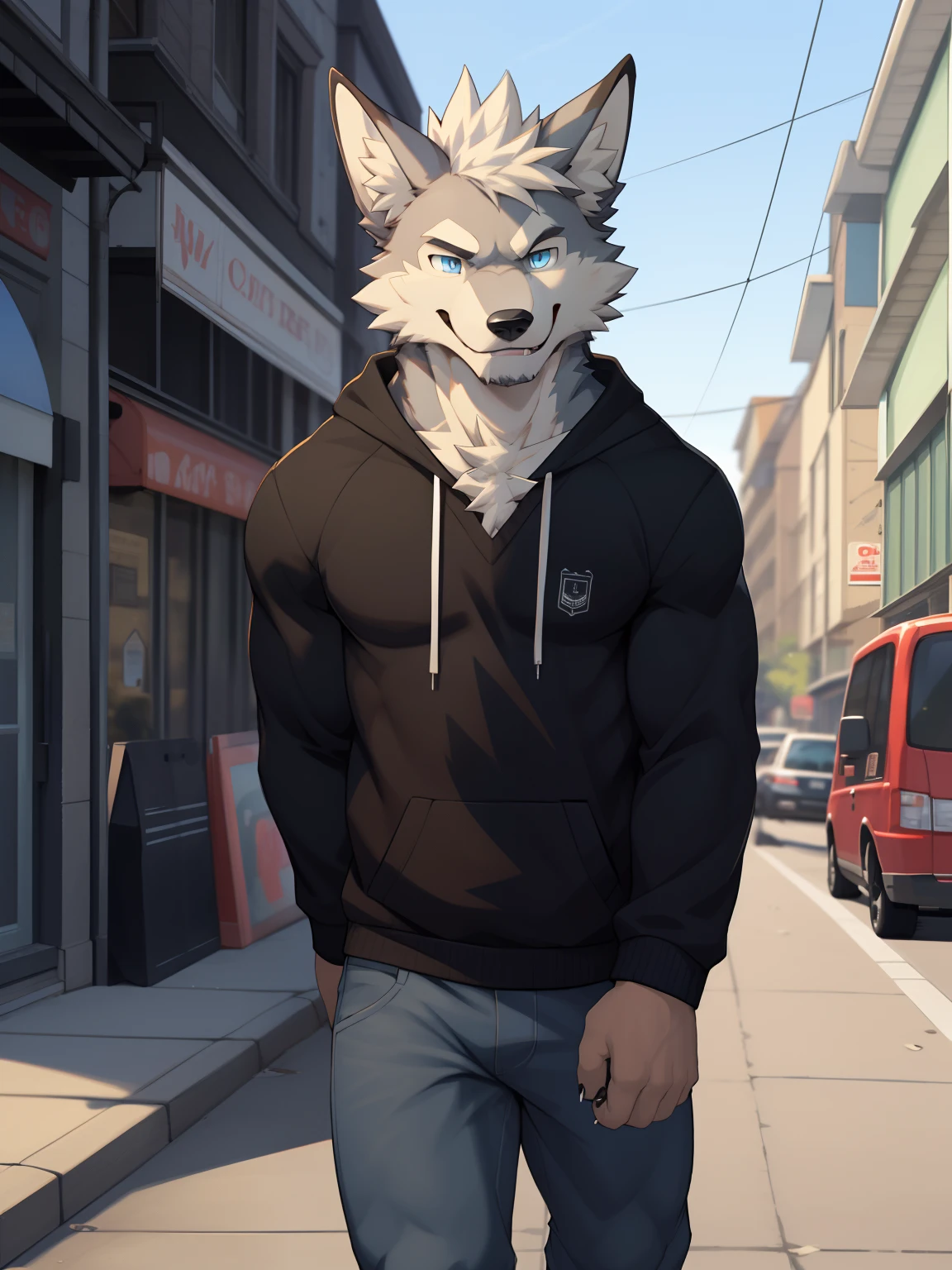 anime big breast：Stylistic photo of a strong wolf with blue eyes walking around the street，Fluffy chest，anthro wolf，Hairy hair，Anime werewolf，A high resolution，male people，Handsome，anthropomorphic turtle，Handsome clothes，smiling at her lips，White sweatshirt，Strong，1.9m high，