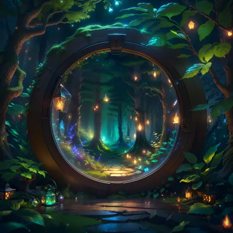 a round window with a forest scene inside it, forest portal, magical forest backround, enchanted magical fantasy forest, magical forest background, magical fantasy forest, a beautiful artwork illustration, 3 d render stylized, calm night. digital illustrat...