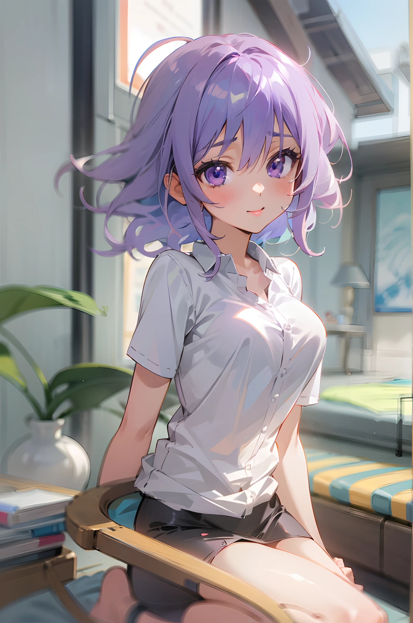 Anime girl avec des cheveux ébouriffés lomg bleus, yeux violets, porter une chemise courte, journée ensoleillée, salon, visage mignon, fille séduisante ultrasharp 8k, vue complète du corps, yeux parfaits,