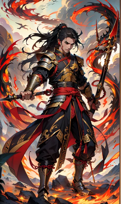 1boys， blood in face， irate， With a spear， （fly）， Chinese mythology， The cloudy， Detailed sky， abstract backgrounds， （Flame_Surge_Style：0.5），There is an eye in the middle of the forehead，Hair coiled，hair in a ponytail，Dressed in armor，Strong body，Tall，Ther...