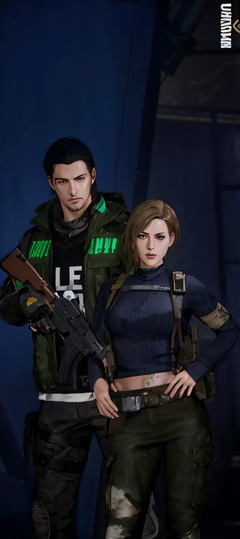 there are two people standing next to each other with guns, medium shot of two characters, realistic artstyle, unreal 5. rpg por...