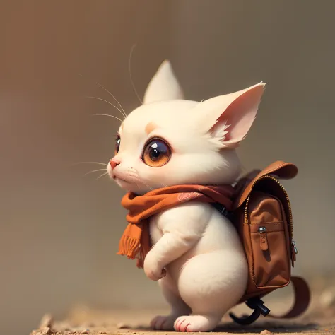Small cute red and white creature with only two legs,big eyes,bagpack,scarf,side view,Ghibli style --auto --s2