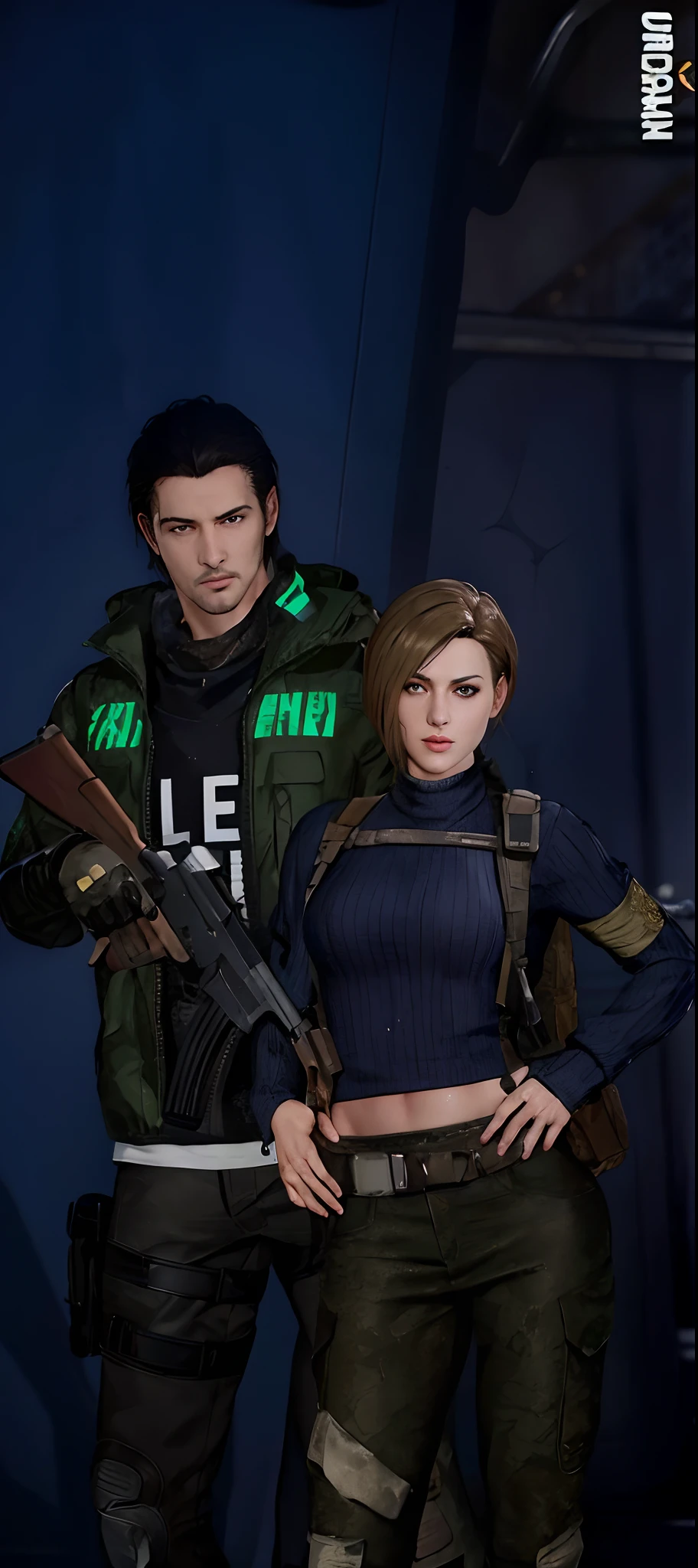 there are two people standing next to each other with guns, medium shot of two characters, realistic artstyle, unreal 5. rpg portrait, character close up, close up character, character art closeup, 8 k character details, resident evil inspired, background of resident evil game, 2020 video game screenshot, glamorous jill valentine, character close-up, best quality