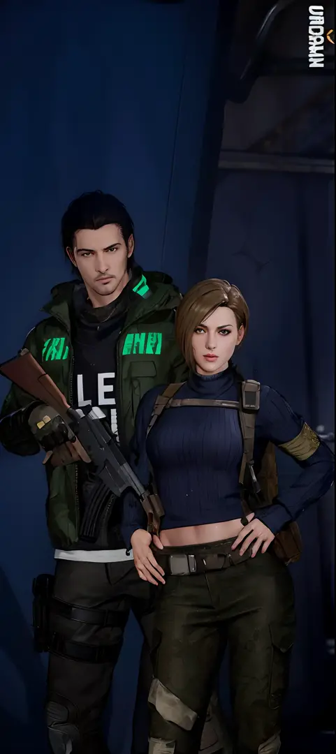 there are two people standing next to each other with guns, medium shot of two characters, realistic artstyle, unreal 5. rpg por...