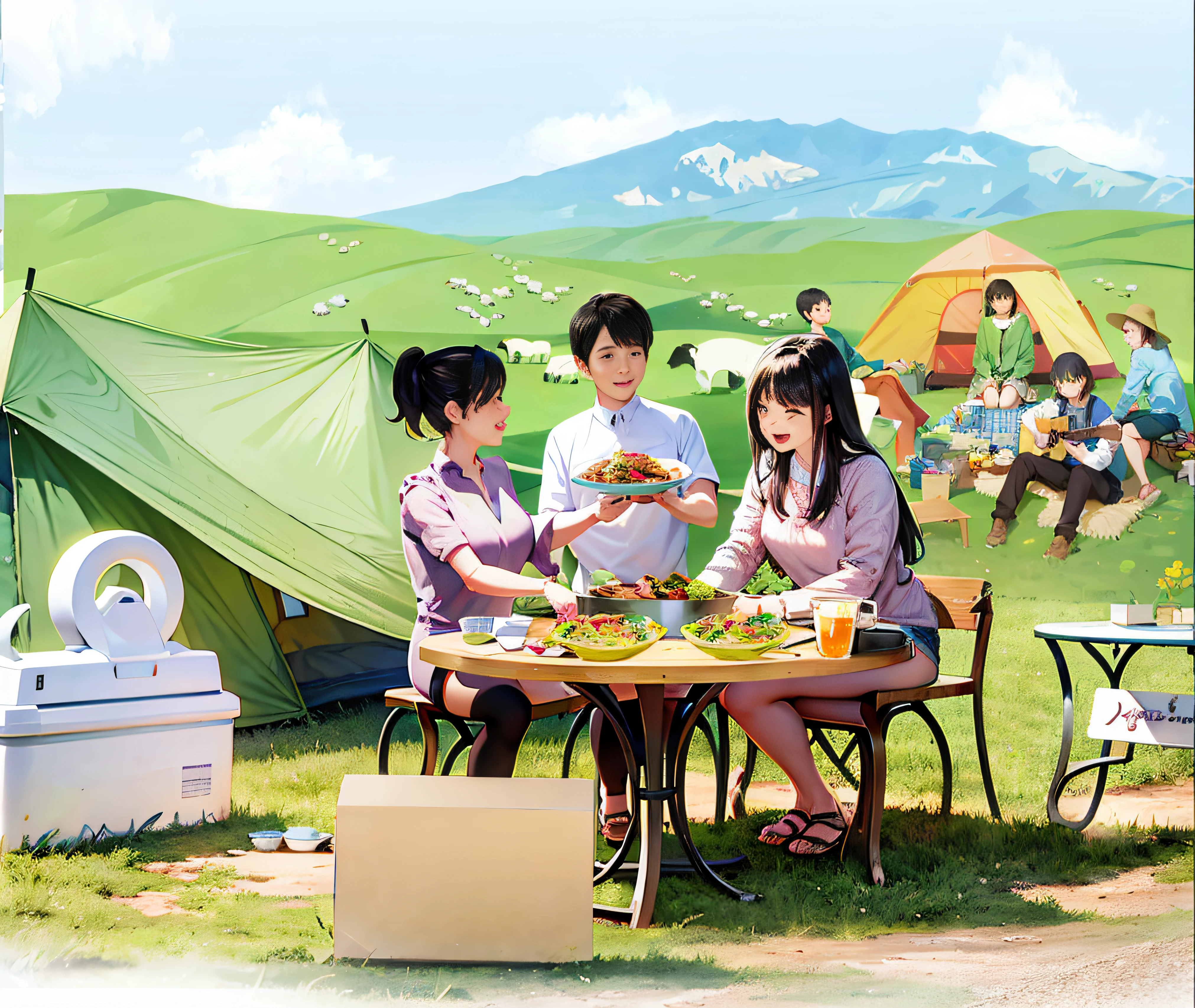 There were three people sitting at a table in front of the tent，Eating food, yuru camp, anime yuru camp, people on a picnic, people outside eating meals, camping, by Ni Yuanlu, Sunny environment, people inside eating meals, promotional render, having picnic, promotional art, 2 d cg, food commercial 4 k, Family dinner, Commercial illustration