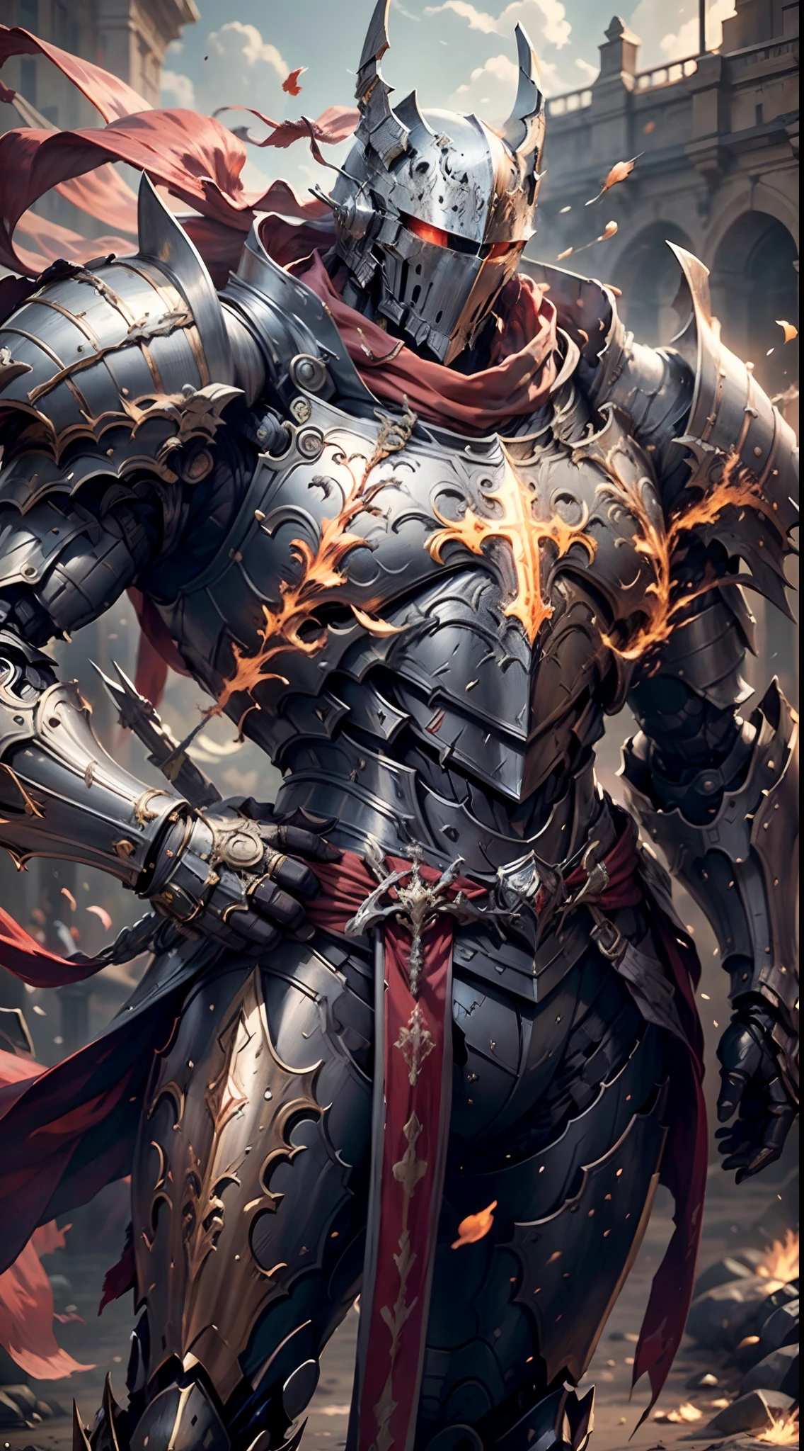 (Realism, photo realism: 1.3), backlight, a knight's mechanical armor, luxurious and exquisite shape, a blue glowing cross carved on the chest of the mecha, the mecha holds a red glowing wide and heavy armor sword, the red scarf sways in the wind, the knight's eyes are red flame light, and the battle posture is drawn