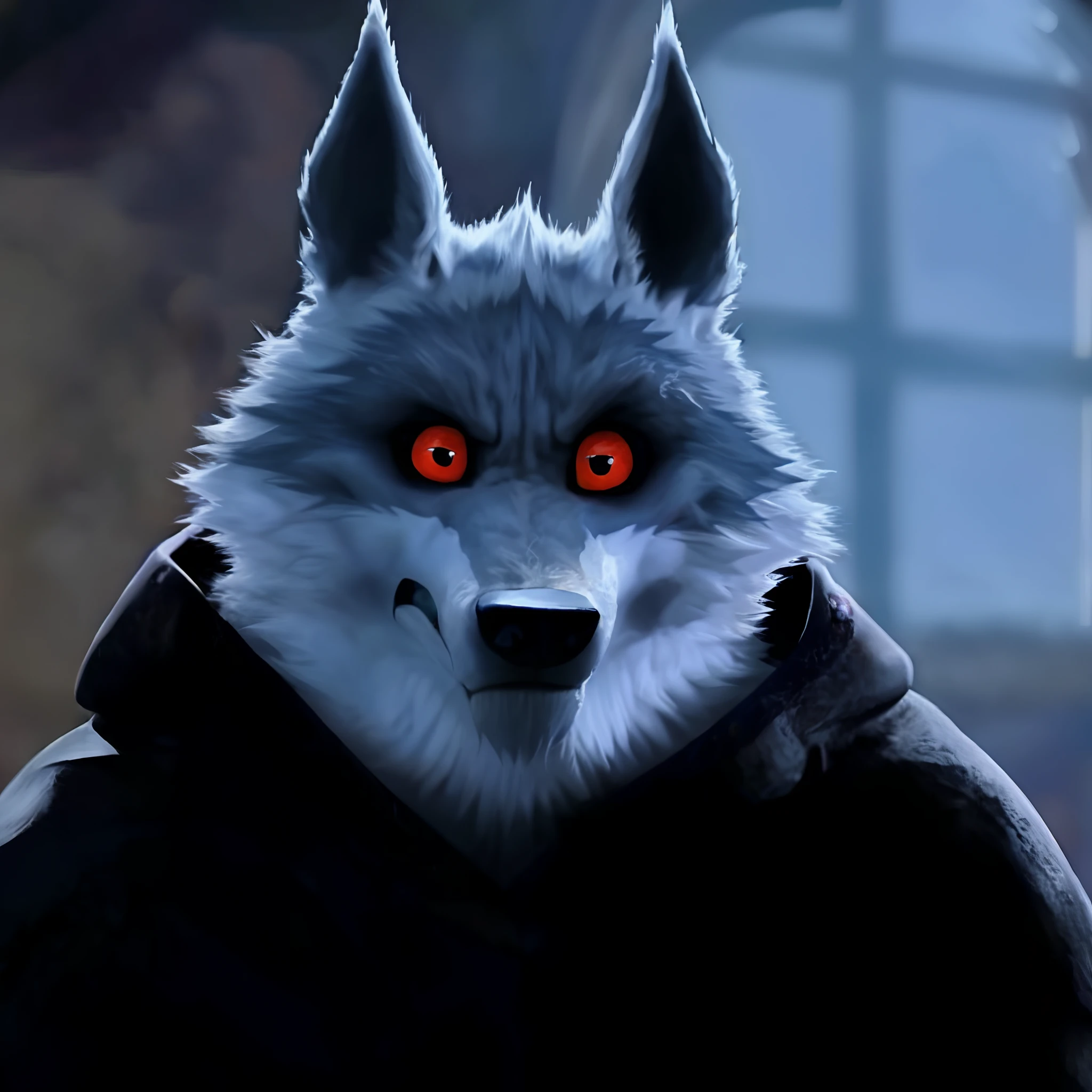 Death Wolf está mirando al espectador serio y sin paciencia sus ojos están rojos y hermoso está enojado todo el tiempo