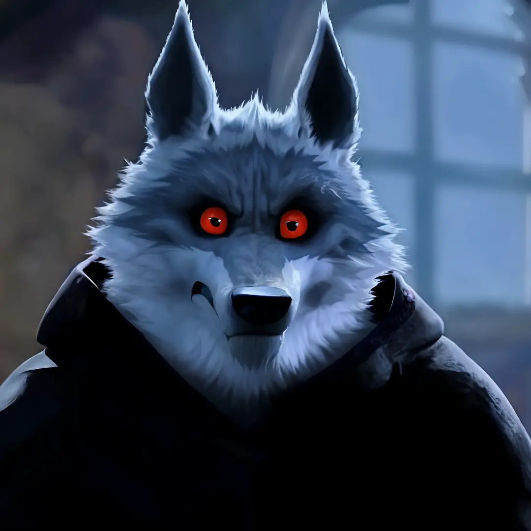 Death Wolf he is Looking at the viewer serious and without patience his eyes are red and beautiful is angry all the time