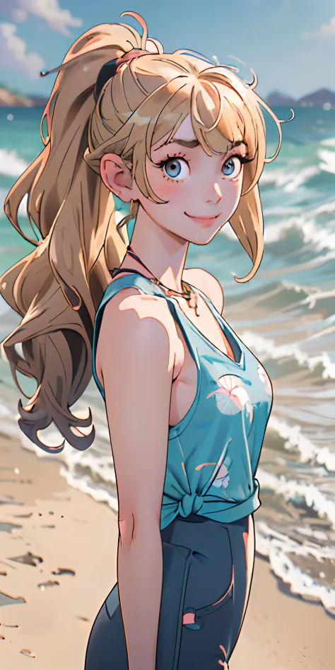 (masutepiece, Best Quality), 1girl in, 鎖骨, Wavy Hair, Looking at Viewer, Blurry seascape, Upper body, Necklace, Contemporary, Plain pants, ((Convoluted, print, Pattern)), Ponytail, freckle, Blonde hair, Dappled sunlight, Smile, Wearing a tank top and happy...