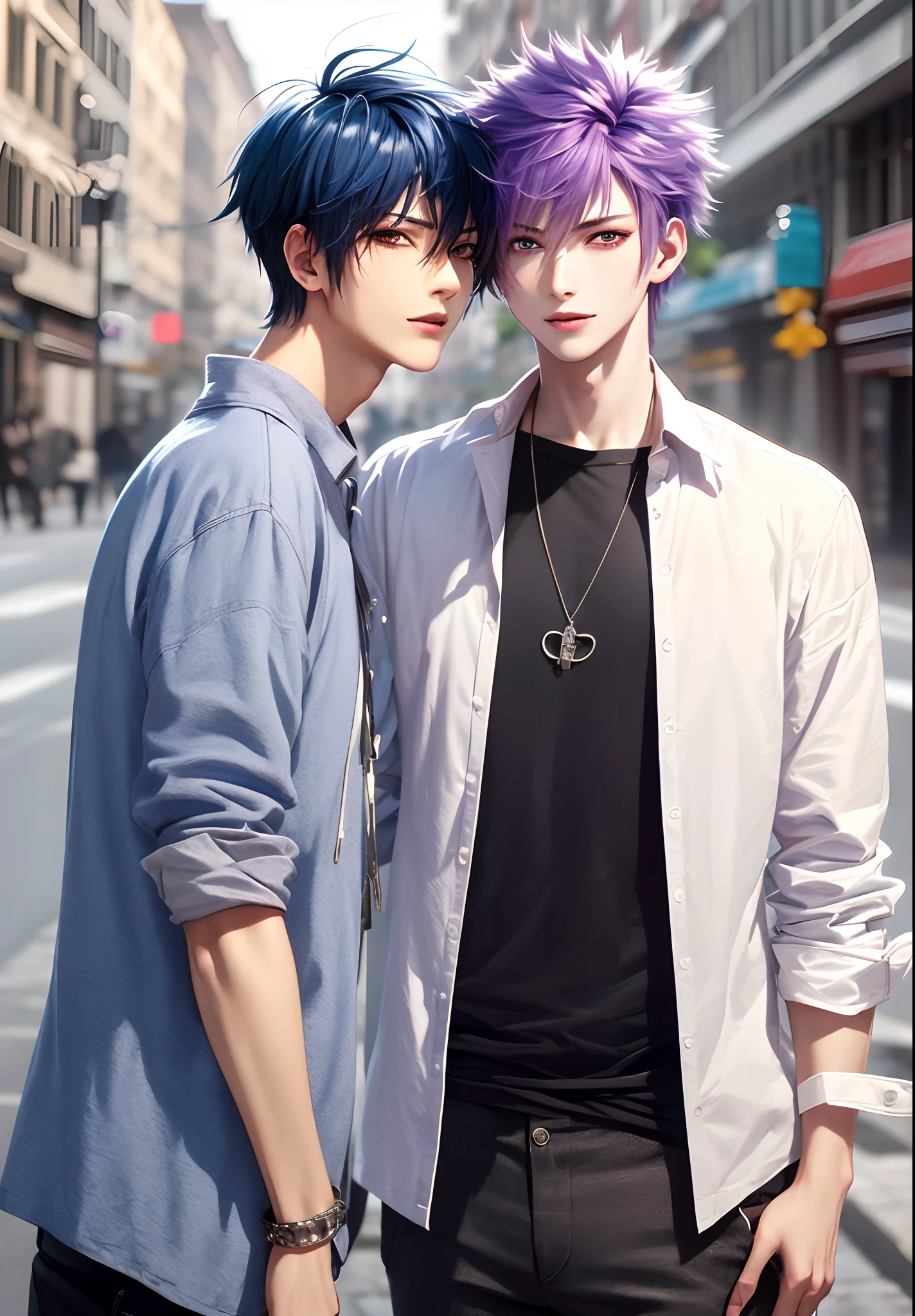 ​masterpiece, top-quality, 2Others, Male couple, 1 man and 1,, Adults, Height difference, different fashion, different color, finely eye and detailed face, intricate detailes, Casual clothing, Oversized shirt, Modern urban streets, A smile, Happiness, tenderness, queers, Boys Love, high-level image quality、 Two beautiful men、tall、The upper part of the body、nightfall、nighttime scene、𝓡𝓸𝓶𝓪𝓷𝓽𝓲𝓬、Korean Male, Idol Photos, k pop, Professional Photos, Vampires, Korean fashion in black and white, Fedoman with necklace, inspired by Sim Sa-jeong, androgynous vampire, :9 detailed face: 8, extra detailed face, detailed punk hair, ((eyes are brown)) baggy eyes, Seductive. Highly detailed, semi realistic anime, Vampires, hyperrealistic teen, delicate androgynous prince, imvu, short hair above the ears, Man with short hair, With a purple-haired man with a wild expression, Man with light blue hair with gentle expression, ((With a short-haired man with bright purple hair)), ((Man with light blue hair))