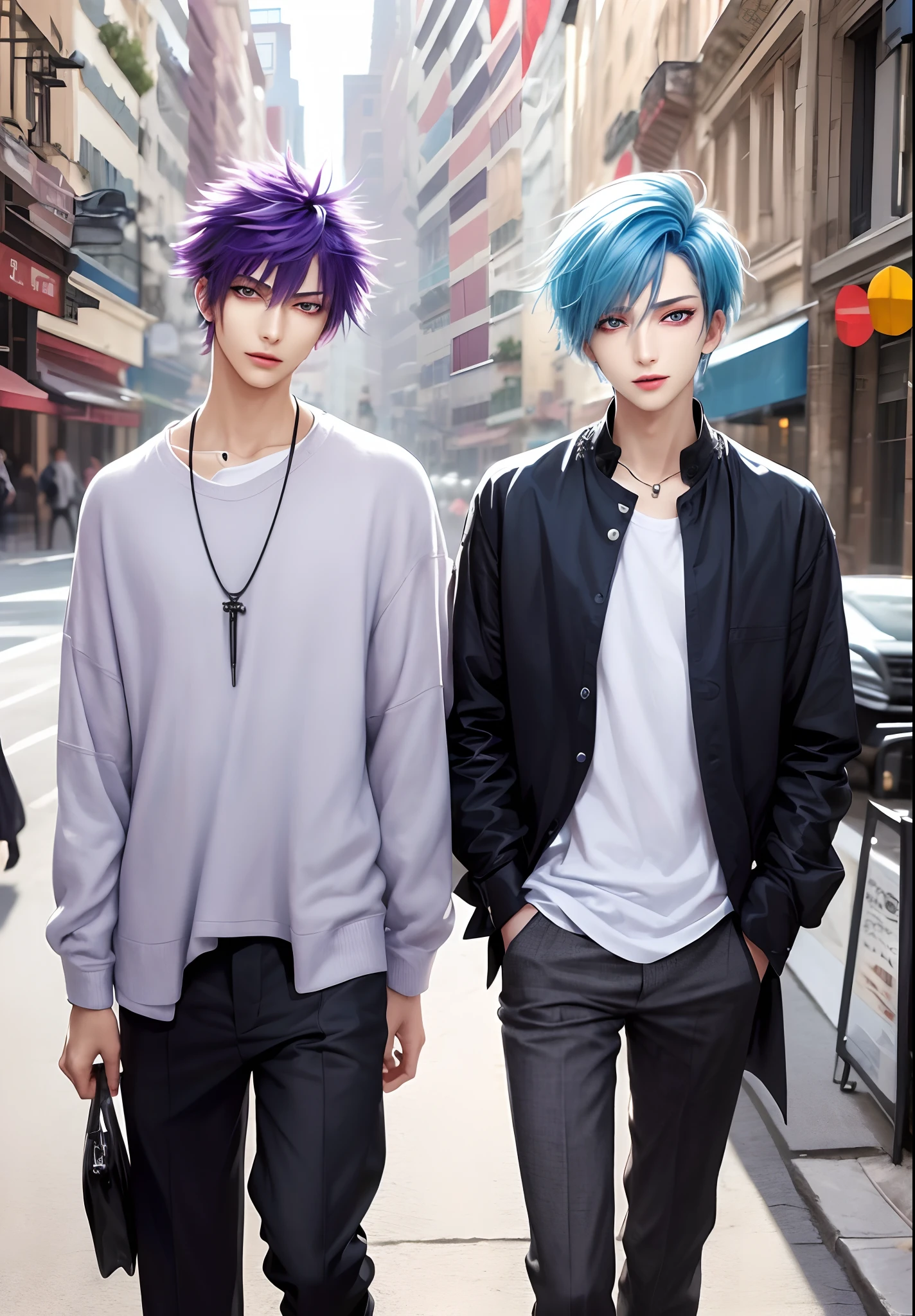 ​masterpiece, top-quality, 2Others, Male couple, 1 man and 1,, Adults, Height difference, different fashion, different color, finely eye and detailed face, intricate detailes, Casual clothing, Oversized shirt, Modern urban streets, A smile, Happiness, tenderness, queers, Boys Love, high-level image quality、 Two beautiful men、tall、The upper part of the body、nightfall、nighttime scene、𝓡𝓸𝓶𝓪𝓷𝓽𝓲𝓬、Korean Male, Idol Photos, k pop, Professional Photos, Vampires, Korean fashion in black and white, Fedoman with necklace, inspired by Sim Sa-jeong, androgynous vampire, :9 detailed face: 8, extra detailed face, detailed punk hair, ((eyes are brown)) baggy eyes, Seductive. Highly detailed, semi realistic anime, Vampires, hyperrealistic teen, delicate androgynous prince, imvu, short hair above the ears, Man with short hair, With a purple-haired man with a wild expression, Man with light blue hair with gentle expression, ((With a short-haired man with bright purple hair)), ((Man with light blue hair))
