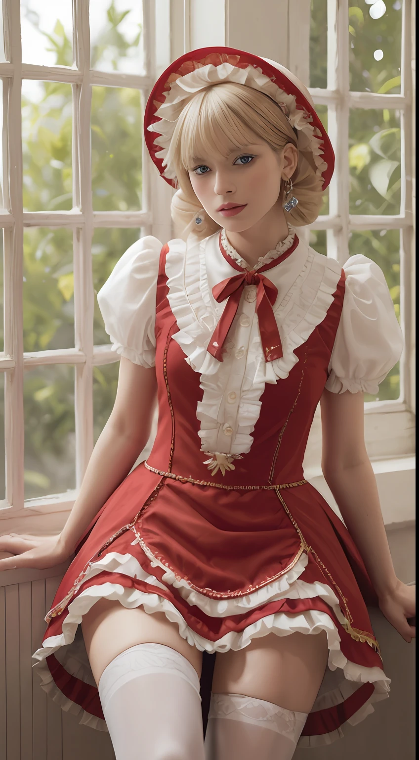 （tmasterpiece，best qualtiy，realisticlying：1.37），(From head to thighs:1.5)，（Complex and sophisticated，Highly detailed skin and face）,(Red Lolita costume:1.27)， (Real picture, Intricate details, Depth of field，High neck clothes),Blue eyes， parted lip, highly  detailed, Perfect face, Perfect body, Large models,Mature woman, Tall, Long legs,Natural background bokeh，hyper HD， tmasterpiece， high high quality， high detal， A high resolution， k hd， 8K， Award-Awarded， Break， ultra-realistic realism， hentail realism， depth of fields， cinmatic lighting， The light from the back window is backlighted， 对称， Bokeh， f / 1.8， Eye level shots， 35mm， The is very detailed， astounding， finedetail， tmasterpiece， offcial art， absurderes， Incredibly Ridiculous res， hugefilesize， ultra - detailed， A high resolution， The is very detailed，