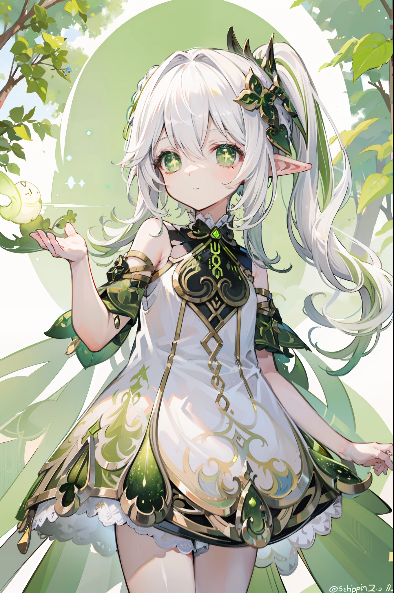 Nahida_Genshin,(White hair),cross-shaped pupils,default_dress,Green cape,simplebackground，themoon，The breath of life，green color，grassy fields，life