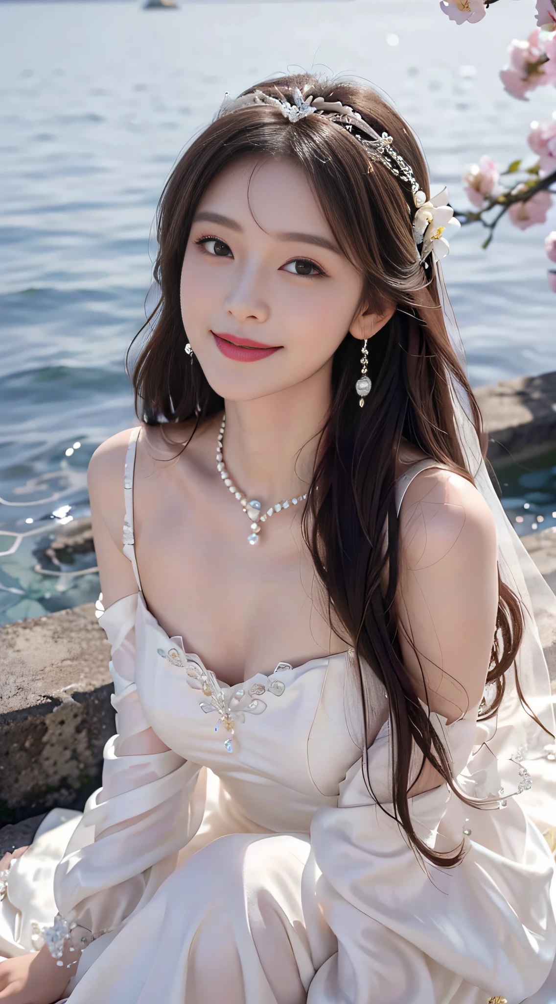A beautyful girl，long whitr hair，(Wear a beautiful wedding dress)，A delicate crown was worn over his hair，A pair of shiny pearl earrings hang from the ears，A beautiful necklace was worn around his neck，Sweet smiling，His face flushed，ssmile，(Flower sea background)