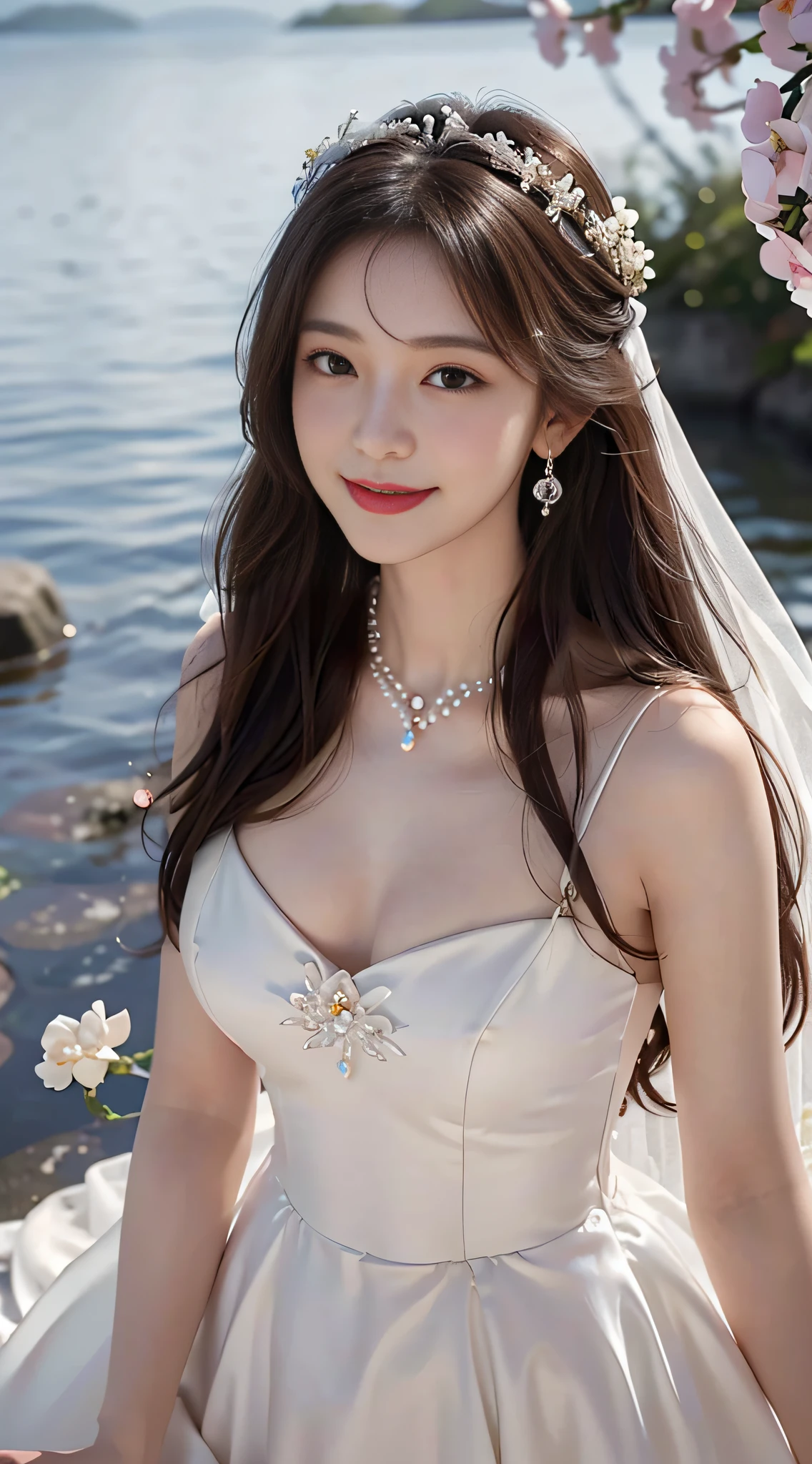 A beautyful girl，long whitr hair，(Wear a beautiful wedding dress)，A delicate crown was worn over his hair，A pair of shiny pearl earrings hang from the ears，A beautiful necklace was worn around his neck，Sweet smiling，His face flushed，ssmile，(Flower sea background)