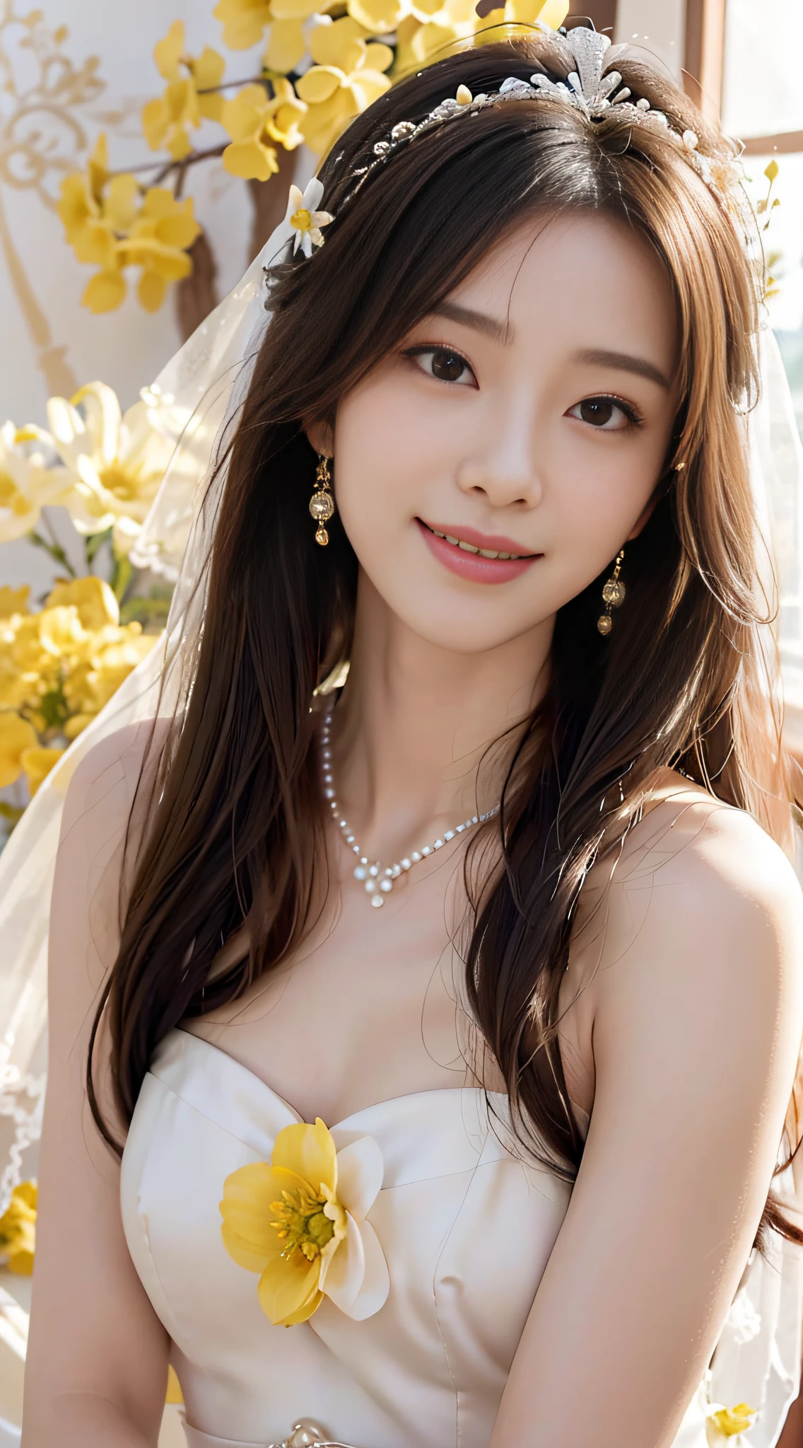 A beautyful girl，long whitr hair，(Wear a beautiful wedding dress)，(A delicate crown was worn over his hair)，A pair of shiny pearl earrings hang from the ears，A beautiful necklace was worn around his neck，Sweet smiling，His face flushed，ssmile，(Yellow flower sea background)，Stroke hair with one hand