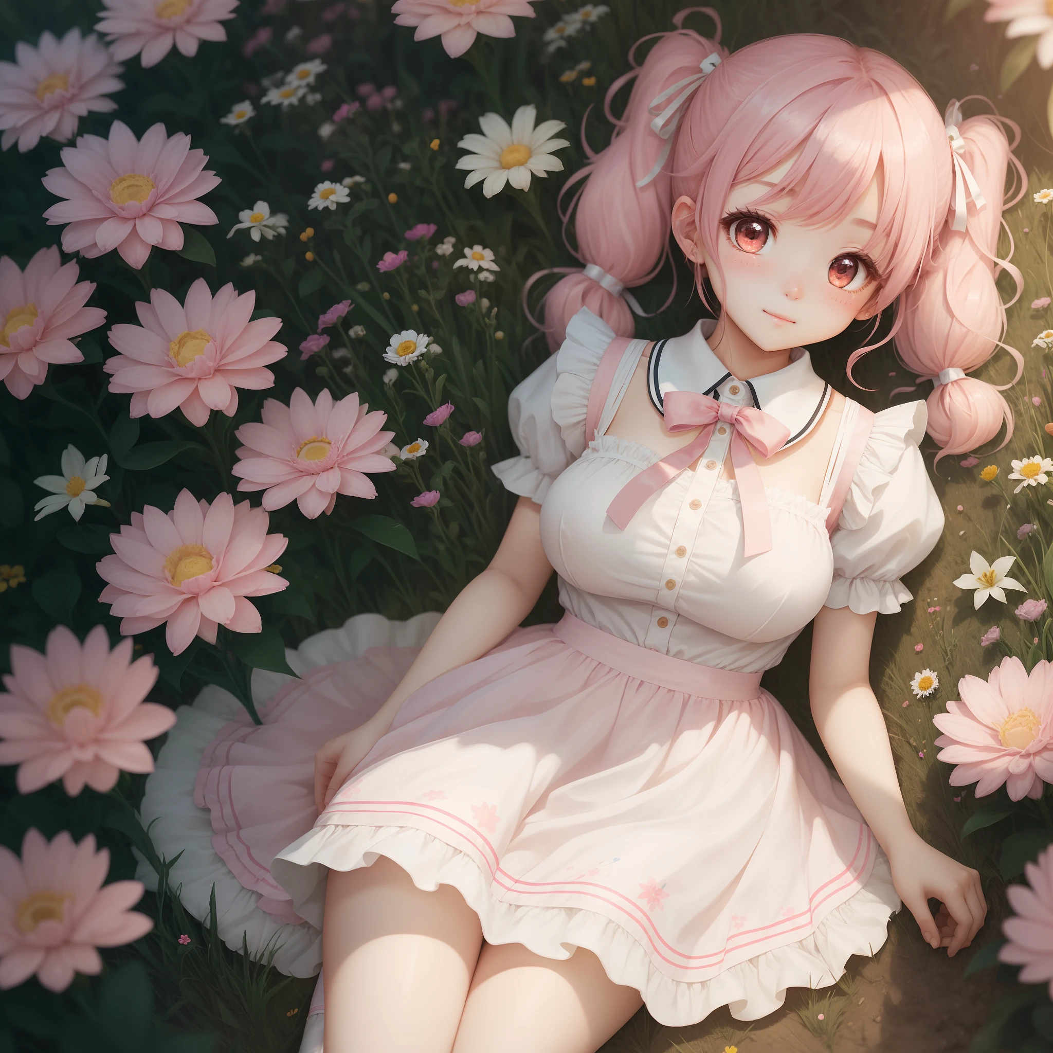 Anime girl laying on the ground with flowers in the background - SeaArt AI