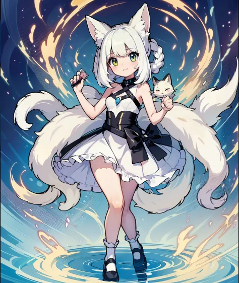 1girl in,A pokémon_The card,(Best quality1.２), (hightquality), (Convoluted_Details), (ultra-detailliert), (illustratio), (Distinct_image),With cats((1 With cute cats.5)),((white  hair))、chies