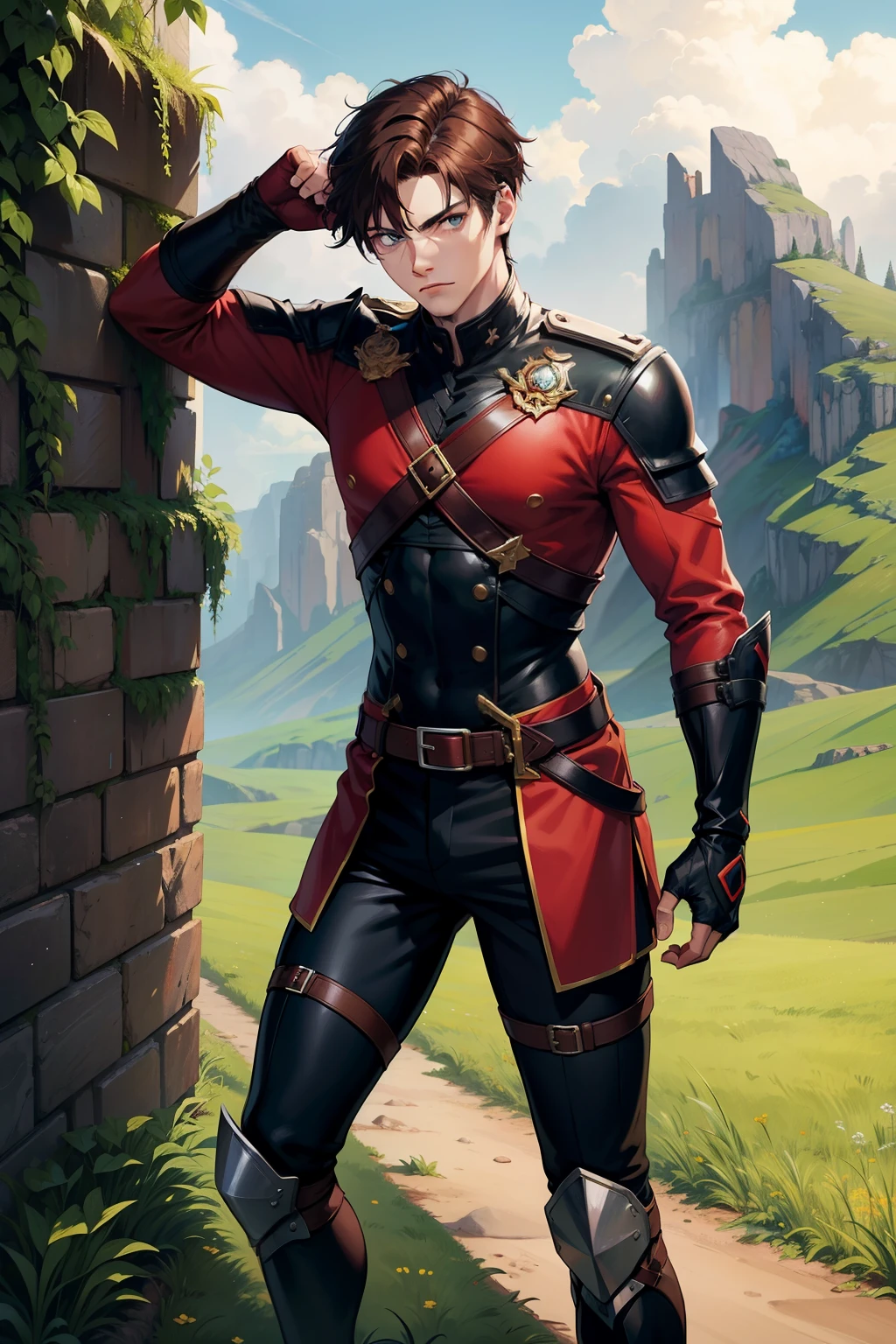 Adventurer Fighting uniform, black and red clothing color, young man, 20 years, light brown hair, short hair, green blue eyes, muscular, tall, 6.3 foot tall, training fields backround