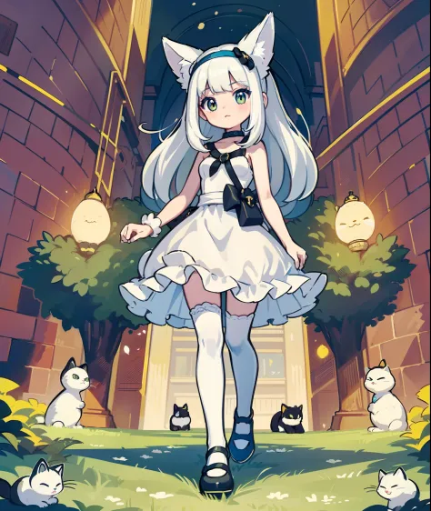 1girl in,A pokémon_The card,(Best quality1.２), (hightquality), (Convoluted_Details), (ultra-detailliert), (illustratio), (Distinct_image),With cats((1 With cute cats.5)),((white  hair))、bookstore