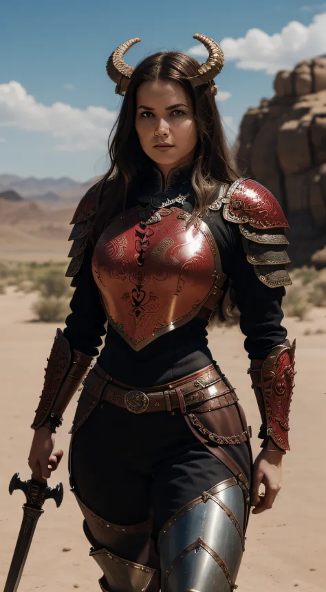 ((female red dragon with big horns)), (((emphasis on dragon head))), (knight, holding a axe, on a desert place), looking at viewer, wearing (a leather pants, cuirass, gorget, pauldron, couter, vambrace, gauntlets, cuisses, greaves, sabatons, poleyn, tasses...