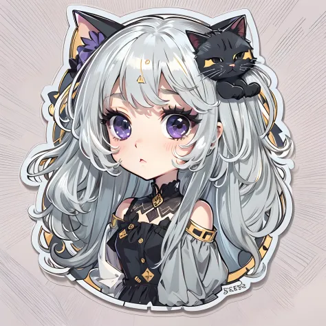 Sticker, Cute anime girl head, long layered silvery white hair,Light purple eyes，pouty，Black dress，Black princess dress，There is only one black cat，in circle, White background, Gold border，Simple, Ultra detailed, Detailed drawing, vectorised, Silhouette, 8...
