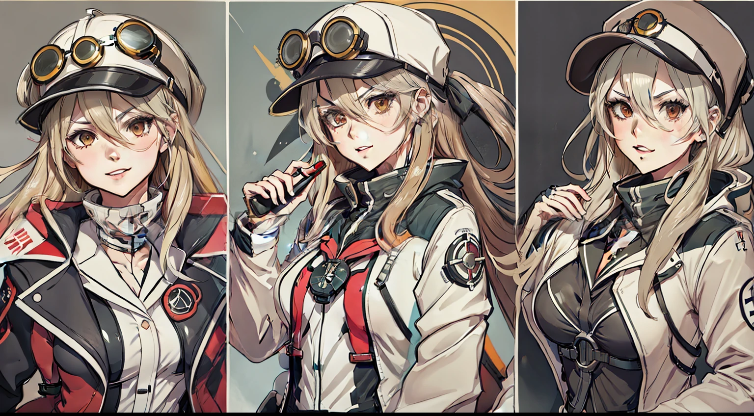 Three different photographs of a woman wearing a hat and jacket, Kantai collection style, girls frontline style, Character artwork, from girls frontline, by Kamagurka, Official artwork, character profile art, kancolle, Pixiv style, Fine details. Girl front, Anime character art, Detailed fanart, kantai collection arcade, Girl front，Pubic area is clear，arknights