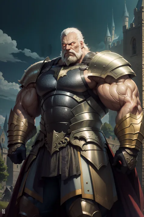 old man knight, armored, castle background, muscular, wearing armor, angry face, sharp eyes, gaze