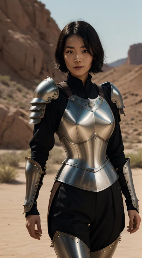 korean woman (knight, short black bob hair, holding a sword, on a desert place), looking at viewer, wearing a leather pants, cuirass, gorget, pauldron, couter, vambrace, gauntlets, cuisses, greaves, sabatons, poleyn, tasses, plackard, rerebrace, breastplac...