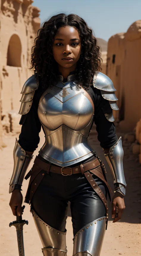 afro-american woman (knight, curly hair, holding a sword, on a desert place), looking at viewer, wearing a leather pants, cuirass, gorget, pauldron, couter, vambrace, gauntlets, cuisses, greaves, sabatons, poleyn, tasses, plackard, rerebrace, breastplace, ...