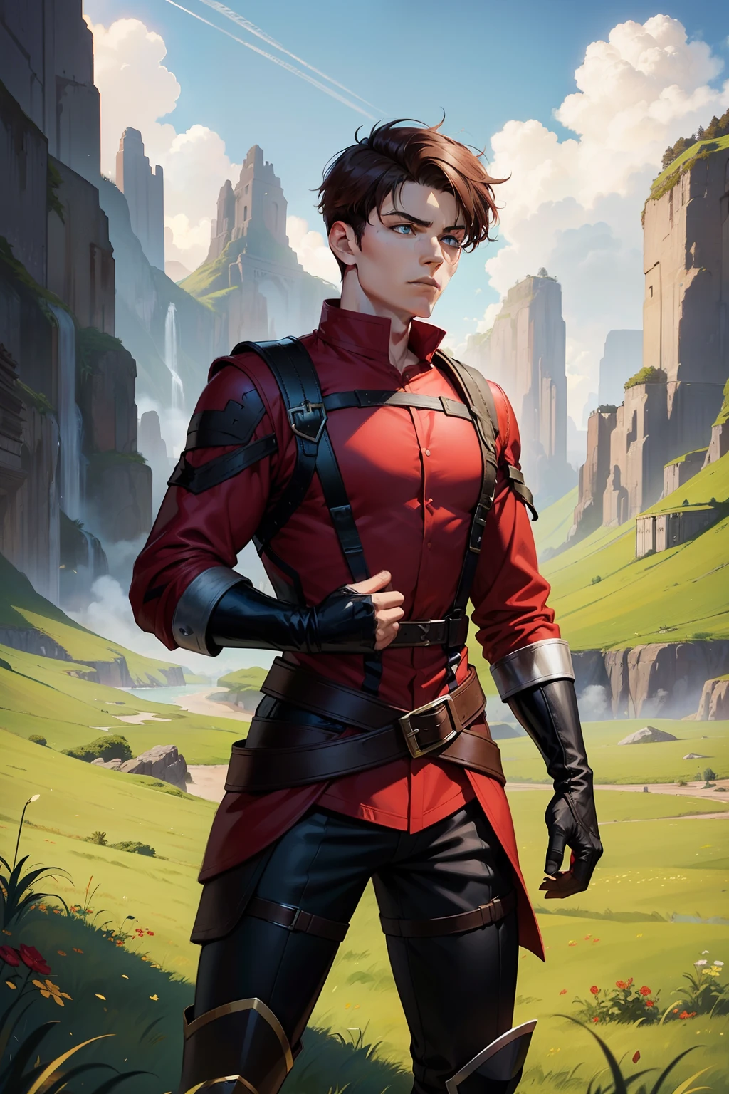 Adventurer Fighting uniform, black and red clothing color, young man, 20 years, light brown hair, short hair, green blue eyes, muscular, tall, 6.3 foot tall, confident pose, training fields background