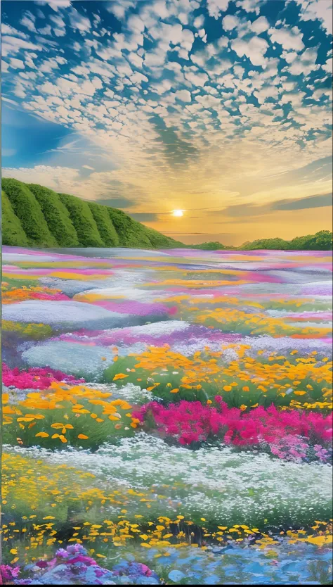 a field of flowers with a sunset in the background, field of fantasy flowers, field of flowers, fields of flowers, flower field,...