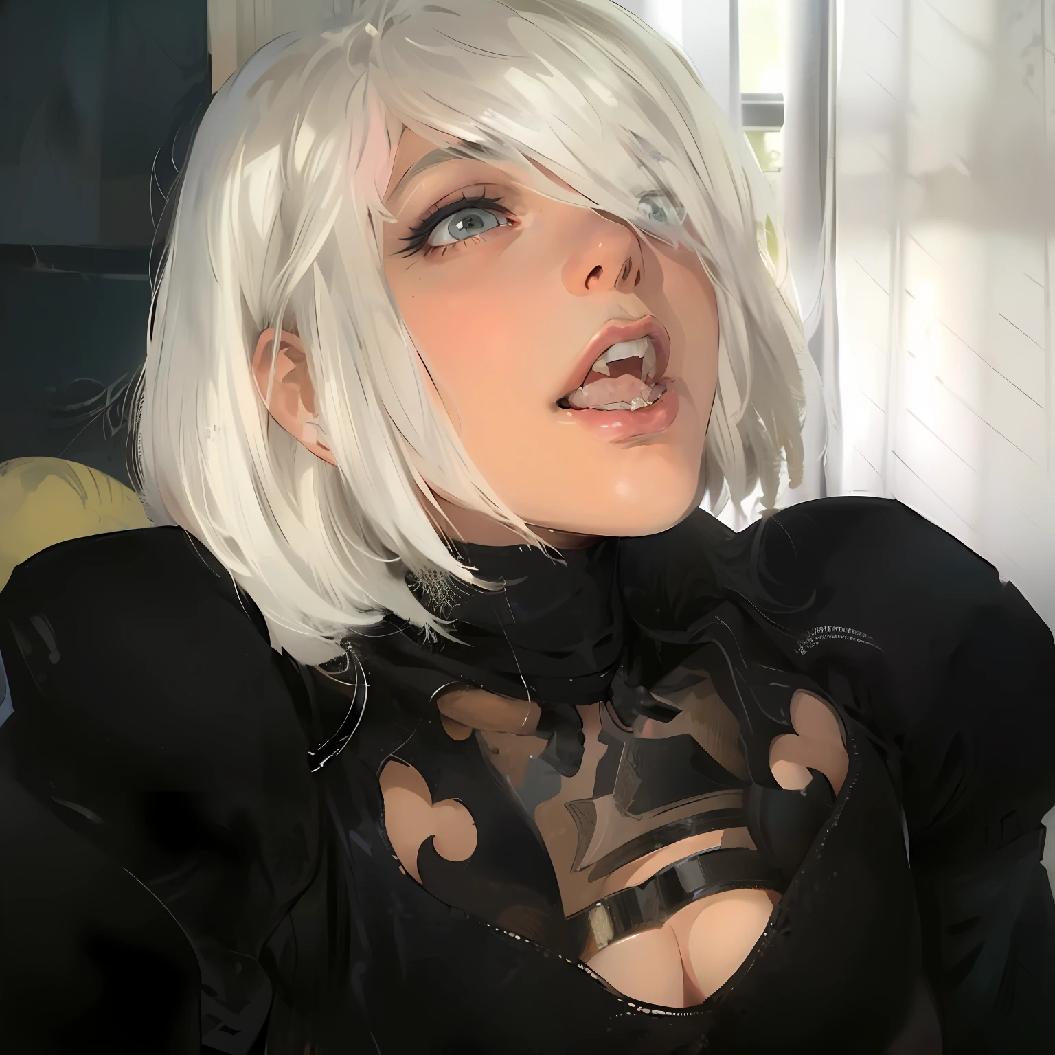 blond haired woman with white hair and black leather gloves sticking out her tongue, 2 b from nier automata, 2b from nier automata, nier inspired, 2 b, 2b, nier : automata inspired, nier:automata inspired, tifa lockhart with white hair, xqc, v from devil may cry as an elf, 2b nier automata