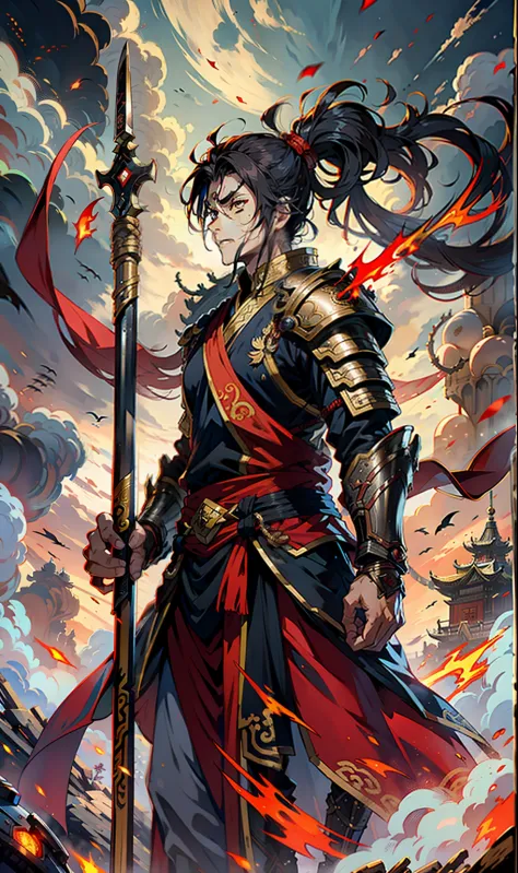 1boys， blood in face， irate， With a spear， （fly）， Chinese mythology， The cloudy， Detailed sky， abstract backgrounds， （Flame_Surge_Style：0.5），demonic third eye，Hair coiled，hair in a ponytail，Dressed in armor，Strong body，Tall，Spear in hand，The body is suspen...