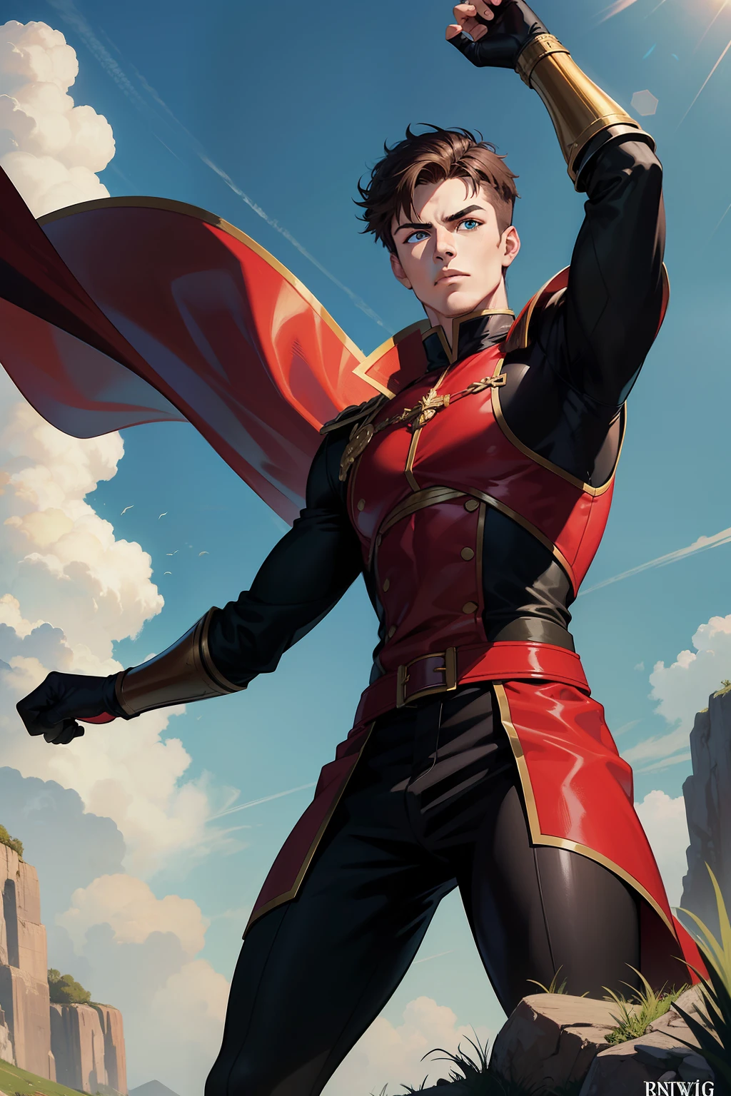 Adventurer Fighting uniform, black and red clothing color, young man, 20 years, light brown hair, short hair, green blue eyes, muscular, tall, 6.3 foot tall, confident pose, training fields background