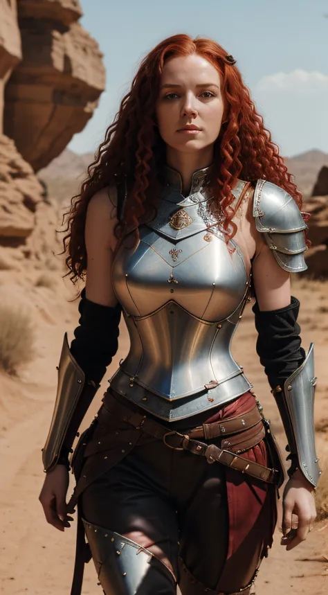 very pale woman (knight, on a desert place), ((((very very very long curlie curly red hair)))), looking at viewer, wearing (a leather pants, cuirass, gorget, pauldron, couter, vambrace, gauntlets, cuisses, greaves, sabatons, poleyn, tasses, plackard, rereb...
