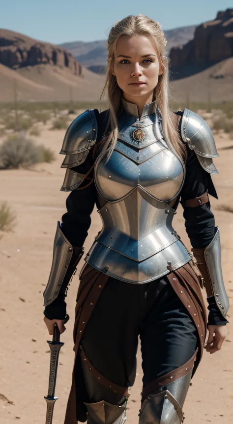 nordic woman (knight, holding a spear, on a desert place), looking at viewer, wearing a leather pants, cuirass, gorget, pauldron, couter, vambrace, gauntlets, cuisses, greaves, sabatons, poleyn, tasses, plackard, rerebrace, breastplace, faulds, scabbard, g...