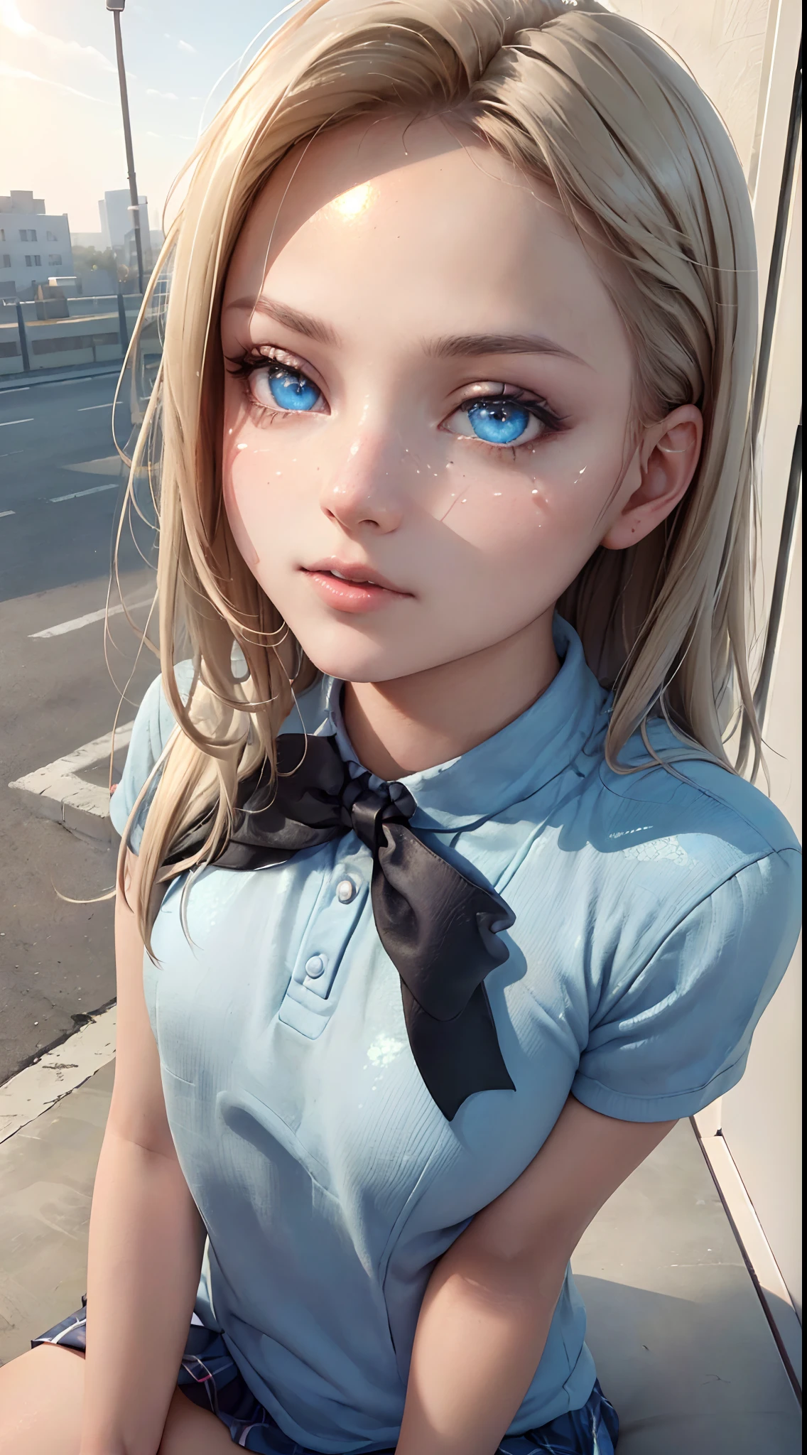 (((8k, top quality, masterpiece, uhd, perfect hand, perfect anatomy, perfect eyes, blue iris))) 1girl, blonde hair, , sitting on a bench, waiting for the bus, bus station, city background, perfect eyes, perfect hands, ultra high res, cinematic angle, professional lighting, best quality, masterpiece, sidelighting, sharp, perfect focus, bokeh, photorealistic, (finely detailed beautiful eyes: 1.3), realistic, (3d face:1.1), (lustrous skin:1.5), (ultra high res intricate face details), (face skin pores:1.3), ultra high res cloth texture, 4k eye details, 4k pupils,