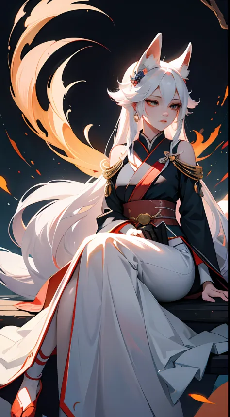 Drawing of a fox with white hair sitting on a branch, ethereal fox, nine-tailed fox, fox three-tailed fox, onmyoji detailed art,...