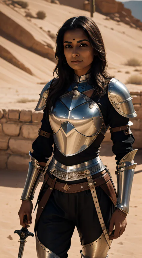 indian woman (knight, holding a sword, on a desert place), looking at viewer, wearing a leather pants, cuirass, gorget, pauldron, couter, vambrace, gauntlets, cuisses, greaves, sabatons, poleyn, tasses, plackard, rerebrace, breastplace, faulds, scabbard, g...