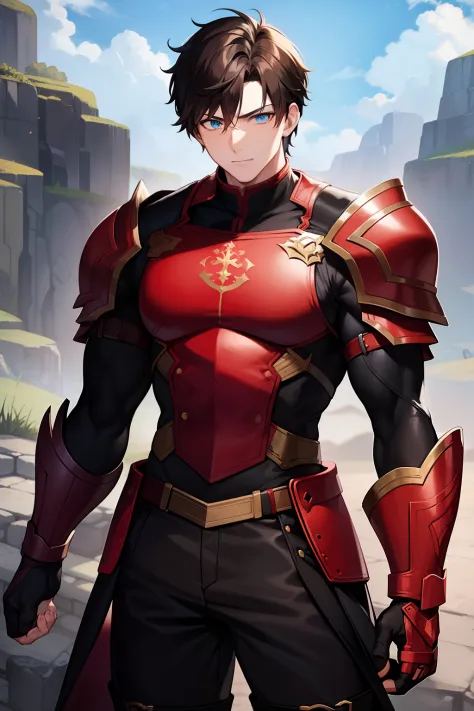 Adventurer Fighting uniform, black and red clothing color, young man, 20 years, light brown hair, short hair, green blue eyes, muscular, tall, 6.3 foot tall, confident pose, training fields background