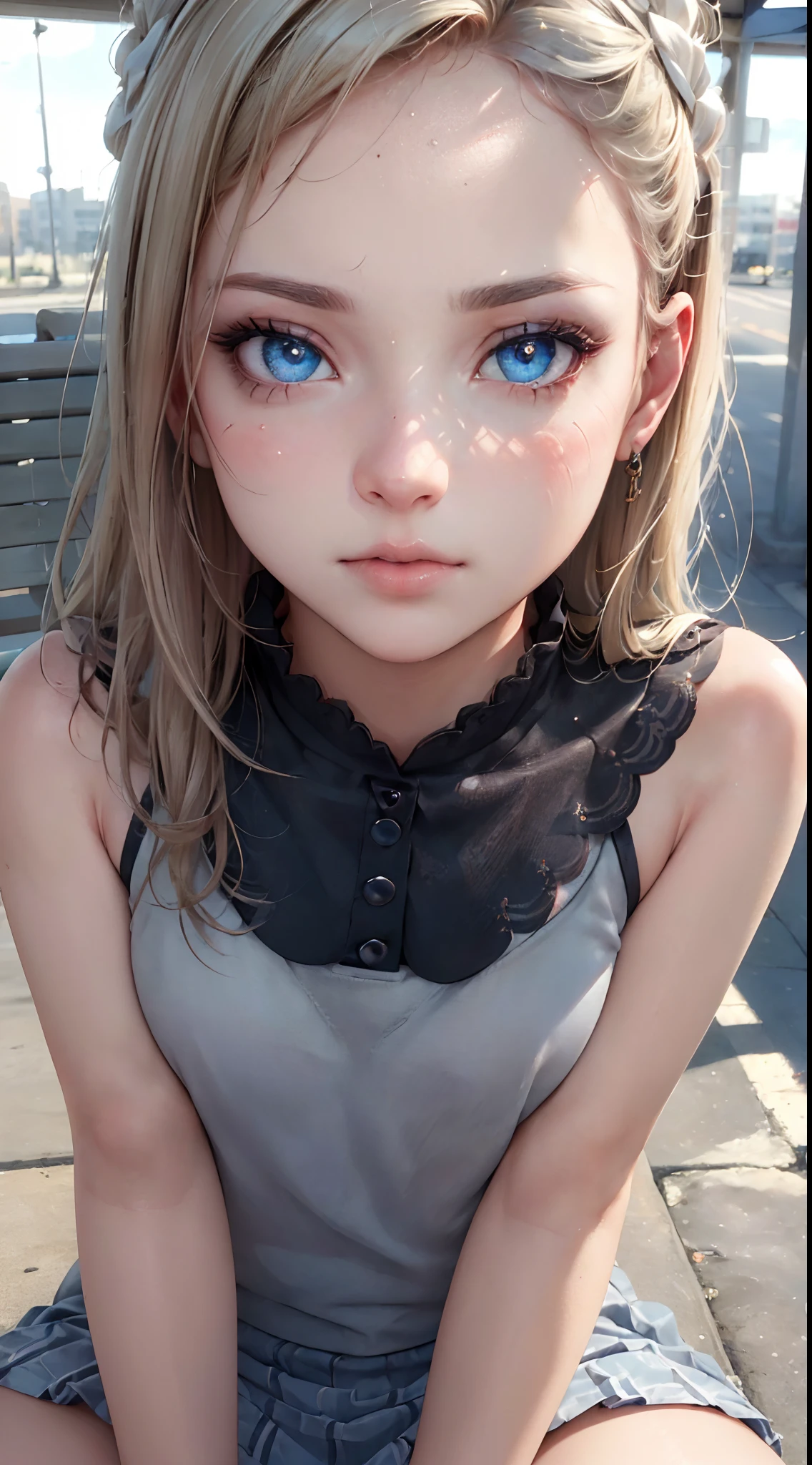 (((8k, top quality, masterpiece, uhd, perfect hand, perfect anatomy, perfect eyes, blue iris))) 1girl, blonde hair, , sitting on a bench, waiting for the bus, bus station, city background, perfect eyes, perfect hands, ultra high res, cinematic angle, professional lighting, best quality, masterpiece, sidelighting, sharp, perfect focus, bokeh, photorealistic, (finely detailed beautiful eyes: 1.3), realistic, (3d face:1.1), (lustrous skin:1.5), (ultra high res intricate face details), (face skin pores:1.3), ultra high res cloth texture, 4k eye details, 4k pupils,