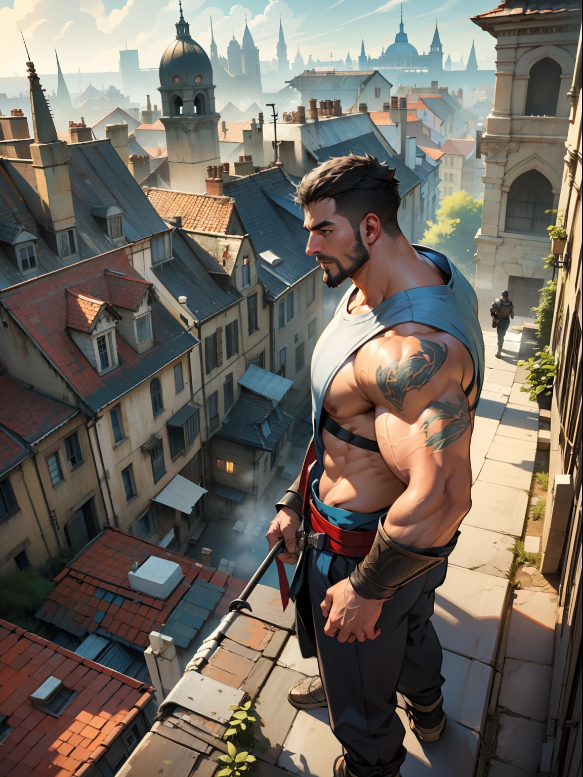 30 years old, male, assassin's creed, standing on top of a roof, panoramic view of the city, stubble, huge muscles, mature man, muscle swelling, bodybuilding, chest muscles, abs, natural light, 1man, steam punk, the dark ages, ancient European city