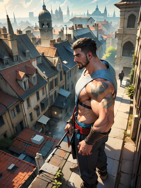 30 years old, male, assassin's creed, standing on top of a roof, panoramic view of the city, stubble, huge muscles, mature man, ...
